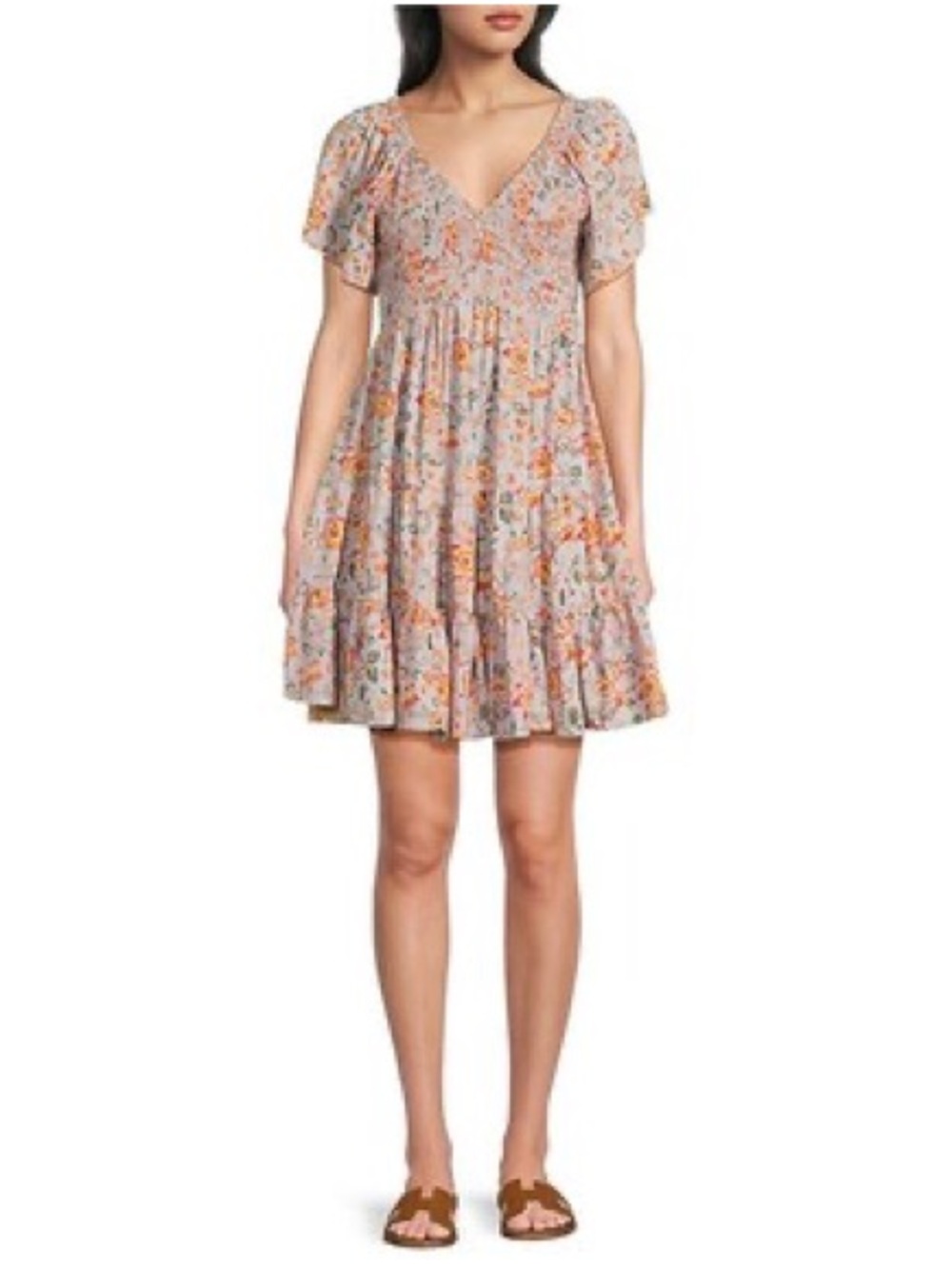 Angie Floral Smocked Waist Dress in Cream, Pink and Green